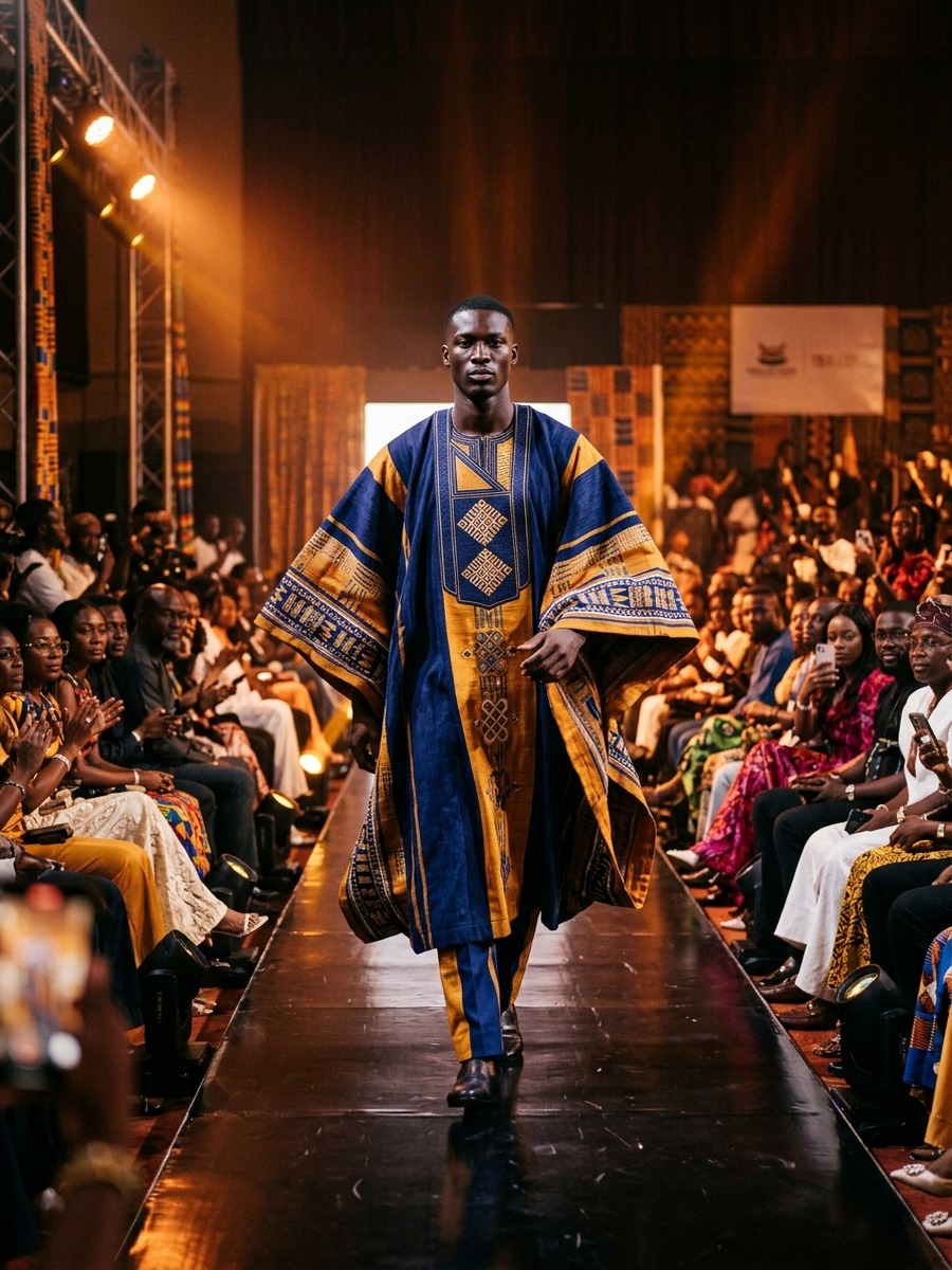Accra Fashion Showcase and West Africa Fashion Exhibition - Sculptural Indigo & Ochre Cape